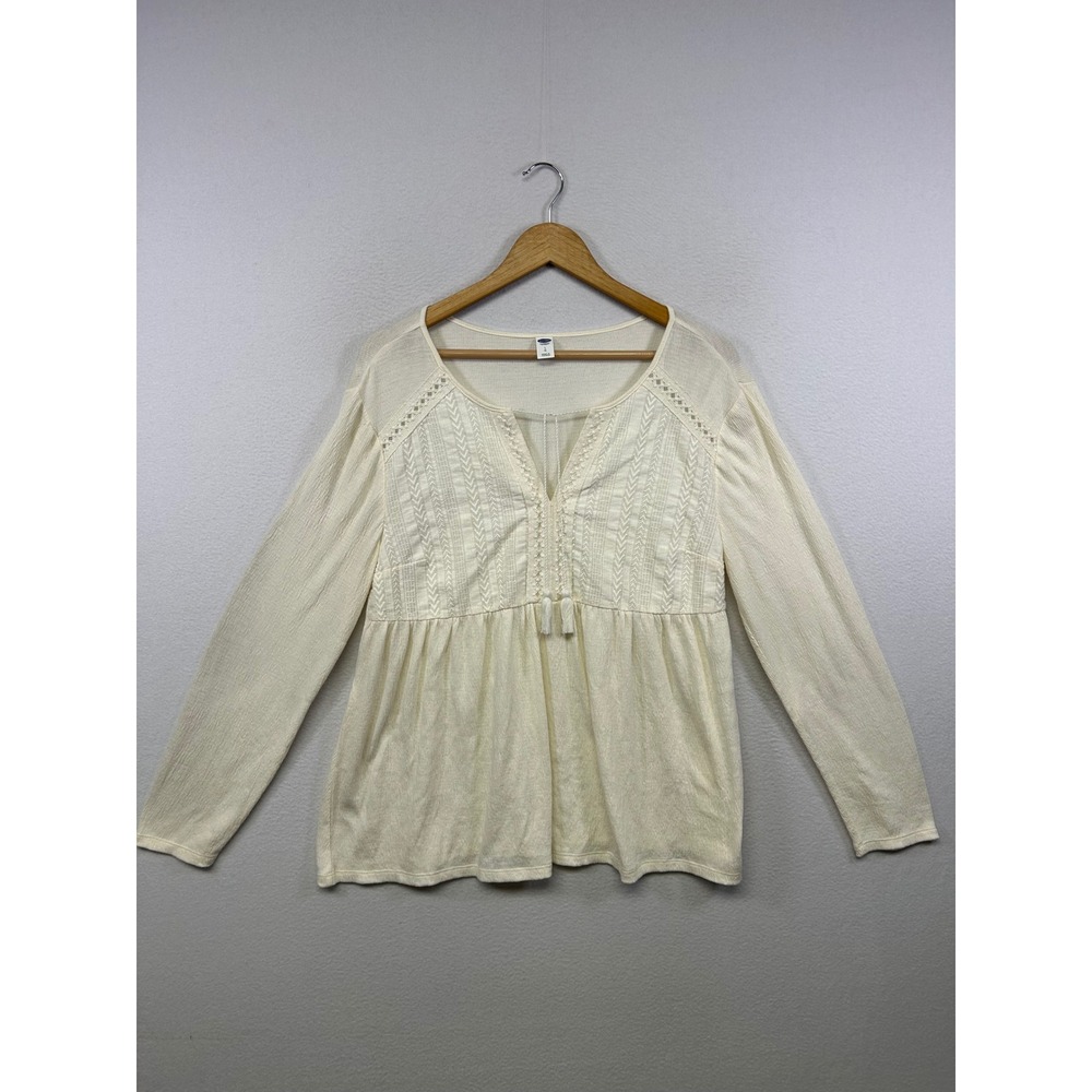 Old Navy Boho Cottagecore Women Large Cream Embroidered Babydoll Blouse
